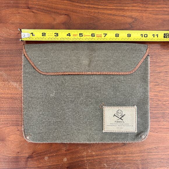 Vintage Fossil Canvas Green Leather Trim Pouch Sleeve Case 10” x 9” Zip Pocket - Picture 2 of 4